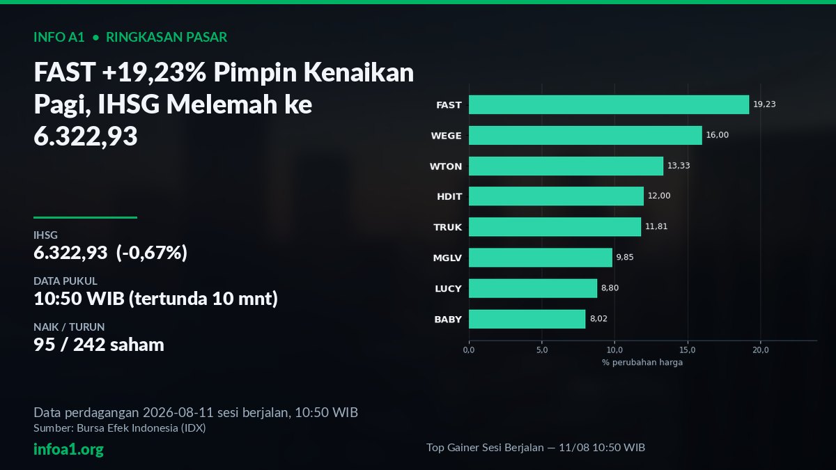 Pergerakan IHSG dan Top Gainer Pagi, 11 Agustus 2026 — grafik Top Gainer Sesi Berjalan — 11/08 10:50 WIB, sumber data IDX 10 Agustus 2026